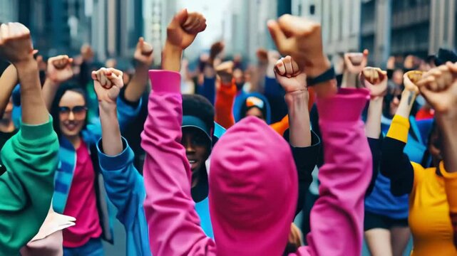 Protest crowd city raised fist activism diverse unity march street urban protest with determined energy and collective solidarity raised fist protest