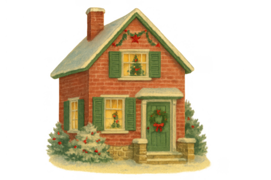 Decorated brick house with green shutters and warm glowing windows, snow on roof, celebrating christmas holiday, transparent background