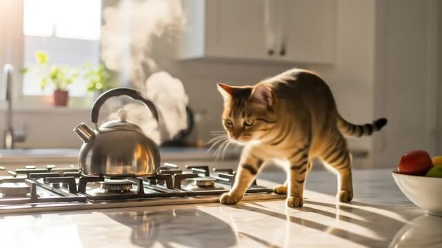 Curious cat cautiously explores kitchen counter near steaming kettle and fresh fruit, creating a warm and inviting domestic scene for lifestyle videos