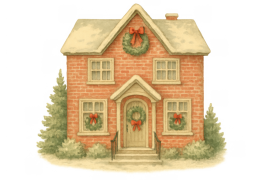Christmas brick house watercolor illustration with snow, festive wreaths, and holiday decorations, transparent background