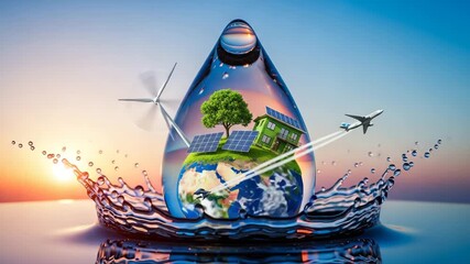 Earth planet in water drop with solar panels wind turbine green house and airplane flying at - Powered by Adobe