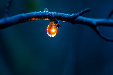 A glowing firefly magnified through a dewdrop at dusk