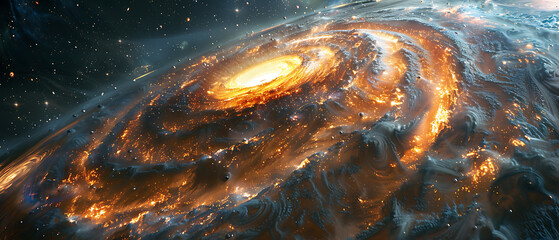 A vibrant galaxy with swirling orange and blue cosmic dust clouds