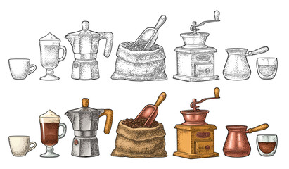 Set coffee. Hand-held grinder, sack bean, moka pot, turkish copper, glass latte with whipped cream. Vintage color vector engraving isolated on white