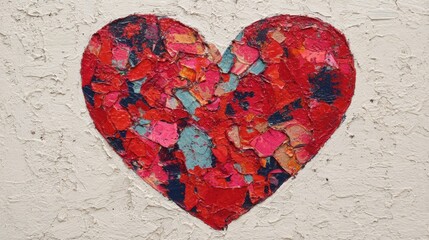 A vivid heart made from painted scraps stands boldly against a white wall celebrating creativity.