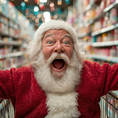 Excited Santa Claus: Close-up Portrait with a Wide, Jolly Smile.