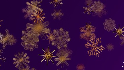 Abstract design of golden snowflakes floating against a purple backdrop. Ideal for holiday backgrounds, Christmas designs, and winter-themed vis