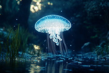 A glowing jellyfish drifting through an enchanted forest pond  