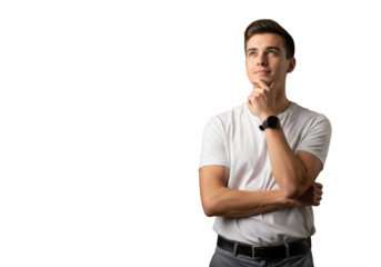 Young man in white t shirt thinking with hand on chin isolated on transparent background