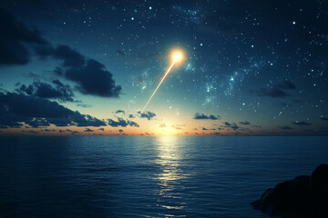 A glowing meteor plunging into the distant ocean horizon  