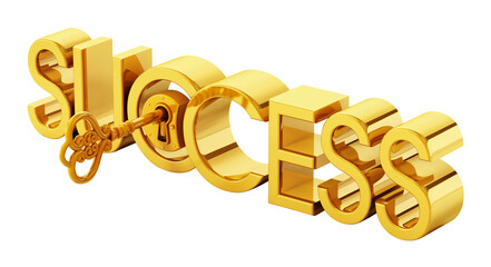Golden key unlocking success word on transparent background. 3D illustration