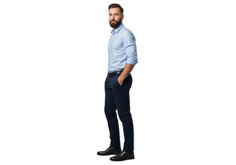 Fototapeta premium Man in blue shirt and dark pants standing isolated on transparent background