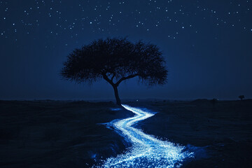 A glowing path of cosmic dust leading from a silhouetted tree into the night sky  