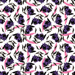 Seamless flower pattern with pink, blue and golden yellow color hand drawn art abstract floral and leaf background elements. Flower garden wallpaper vector
