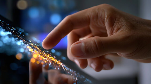 Close-up of fingers adjusting settings with defocused body and clear vibrant pixel gradient animation visible, with copy space