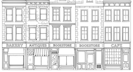 Black and white line drawing of storefronts on a city street