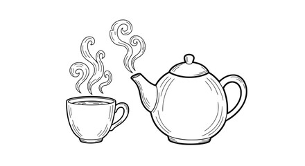 Cozy Tea Time Sketch of Teapot and Steaming Cup
