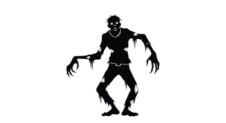 Fototapeta premium Creepy black silhouette of a standing zombie with tattered clothes and menacing clawed hands on a white background, perfect for horror themes.