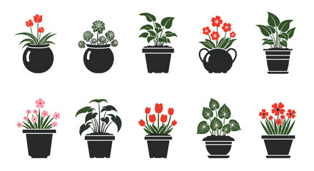 Fototapeta premium Collection of colorful houseplant illustrations in black pots against a white background.