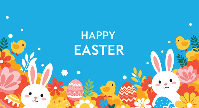 Colorful Easter-themed illustration with bunnies, chicks, eggs, and flowers on a blue background, perfect for holiday greetings and celebrations.