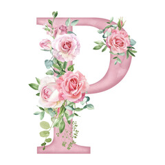 Watercolor pink roses flowers letter P for card design, initials, monogram print.