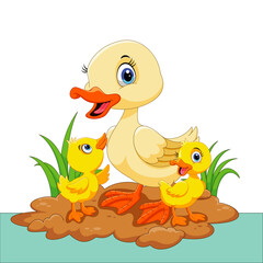 Cute Yellow Duck Cartoon Standing on Rock in Pond | Children’s Animal Illustration