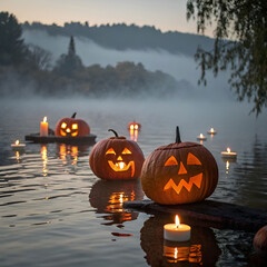 carved pumpkins floating on water with candles