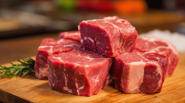 Juicy beef steaks sit on a wooden cutting board perfect for grilling on a summer evening.