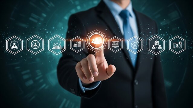 Businessman touching virtual screen presenting team and business concept