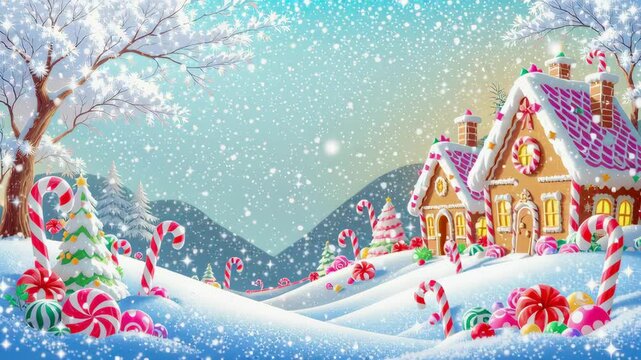 Candy cane gingerbread house winter snow holiday festive fantasy landscape peppermint icing colorful sugary scene with sweet cottages and candy hills