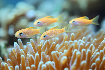 A group of small reef fish darting around coral polyps