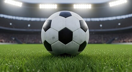 Soccer ball centered on the green field inside a brightly lit modern stadium during evening match.