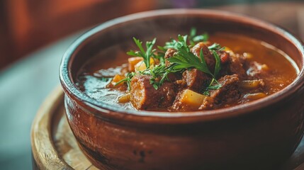 A close up image of Brazilian Feijoada stew in a clay bowl