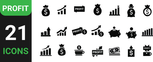 Collection of 21 profit and finance icons with growth charts money bags and piggy banks