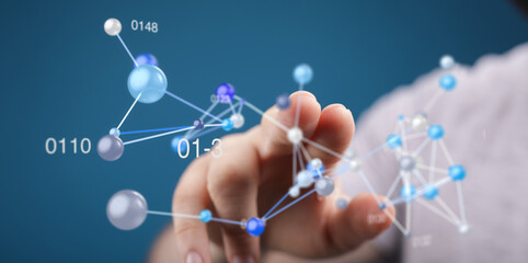 Abstract image of a hand interacting with a digital network, ideal for technology, science, and...