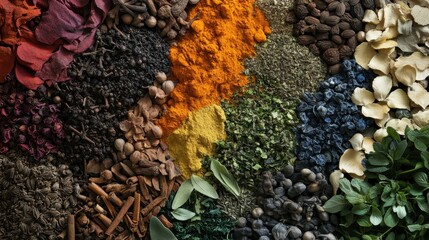 Assortment of colorful herbs and spices in a rustic arrangement