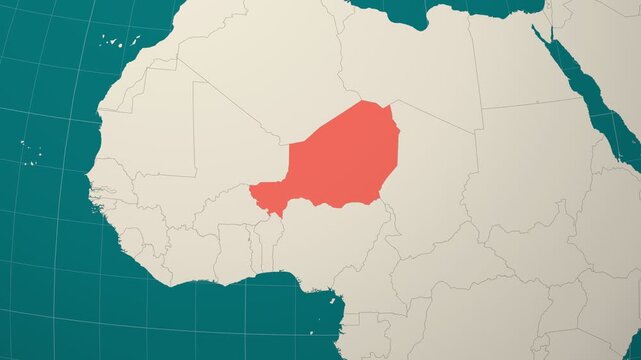 Niger map. Animated zoom into the country on the Globe in Teal Pale Mint color palette. Country logo animation. Map with meridians, parallels. Captivating video.