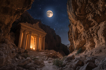 A hidden ancient temple in the mountains illuminated by the moon  