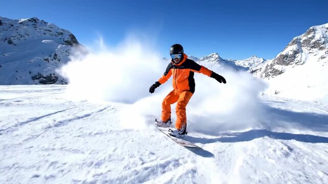 Person snowboarding downhill on snow mountain at sunny winter day