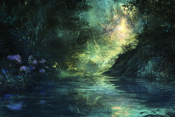 A hidden cave beneath the river, glowing with mystical energy