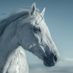 White Horse Head Portrait: Close-up of a Majestic Animal in a Field.