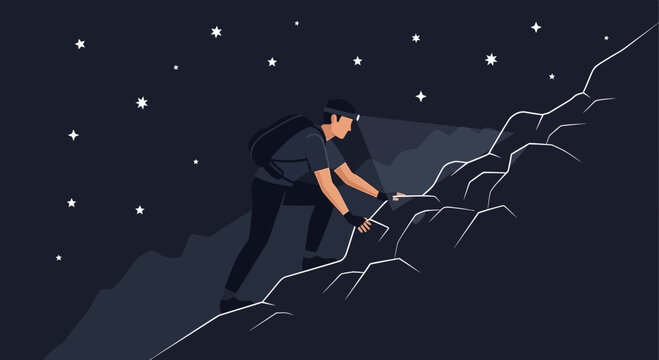 Nighttime Mountain Climber Ascending a Steep Ridge Under a Starry Sky Illustration