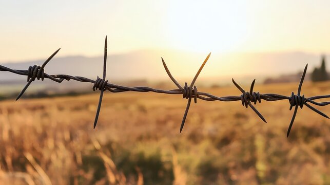 Close up of barbed wire fence with blurred background