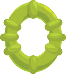 Cartoon illustration of a bumpy textured green chew toy, designed for pets to promote dental health through playful chewing