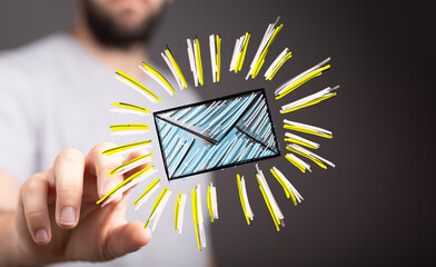 Person interacts with a glowing email icon, representing online communication, digital message, and inbox.