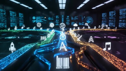 Abstract digital paths with science icons and data stream - Powered by Adobe