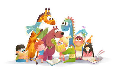 Playful group of animals and kids reading books together. Funny boys and girls characters with animals learning from open books. Hand drawn vector characters cartoon for children education.