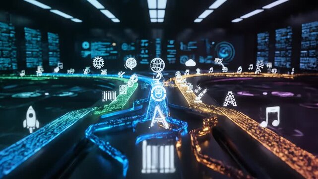 Abstract digital paths with science icons and data stream - Powered by Adobe