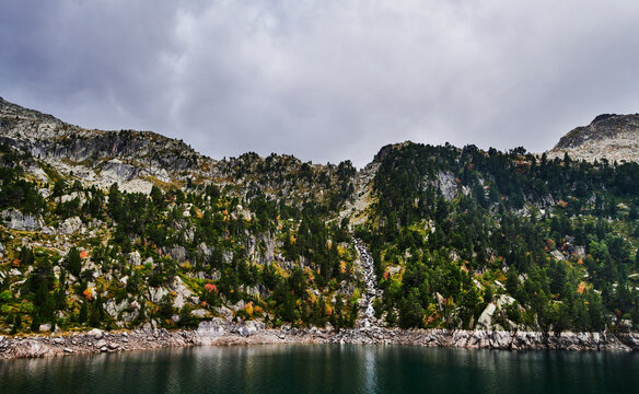 reservoir at the Refugi dera Restanca, La Val d'Aran, Catalonia, Pyrenees mountains, Spain, Europe