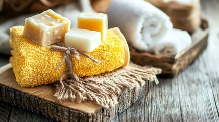 Close up of soaps and a yellow towel with wooden details